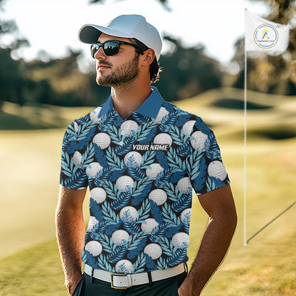 Custom Black Blue Tropical Golf Ball Pattern Mens Polo Golf Shirts, Golf Gifts For Team NBT964