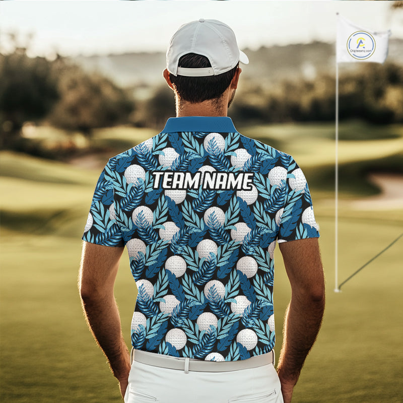 Custom Black Blue Tropical Golf Ball Pattern Mens Polo Golf Shirts, Golf Gifts For Team NBT964