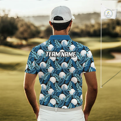 Custom Black Blue Tropical Golf Ball Pattern Mens Polo Golf Shirts, Golf Gifts For Team NBT964