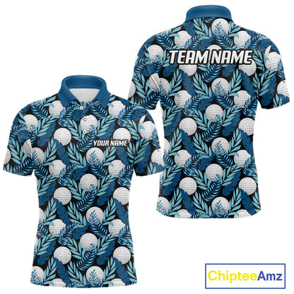 Custom Black Blue Tropical Golf Ball Pattern Mens Polo Golf Shirts, Golf Gifts For Team NBT964