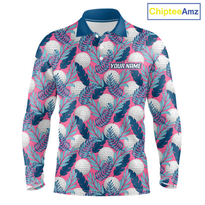 Custom Pink Blue Tropical Golf Ball Pattern Mens Polo Golf Shirts, Golf Gifts For Team NBT965