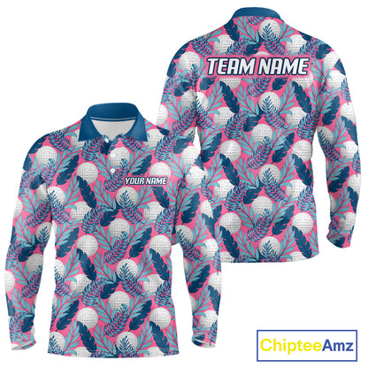 Custom Pink Blue Tropical Golf Ball Pattern Mens Polo Golf Shirts, Golf Gifts For Team NBT965