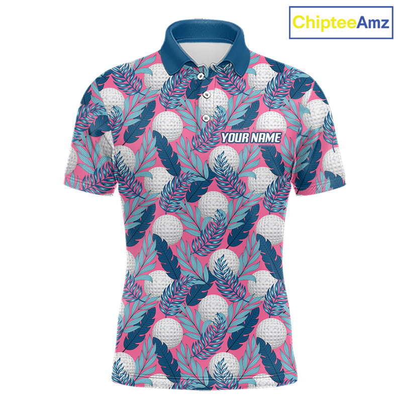 Custom Pink Blue Tropical Golf Ball Pattern Mens Polo Golf Shirts, Golf Gifts For Team NBT965