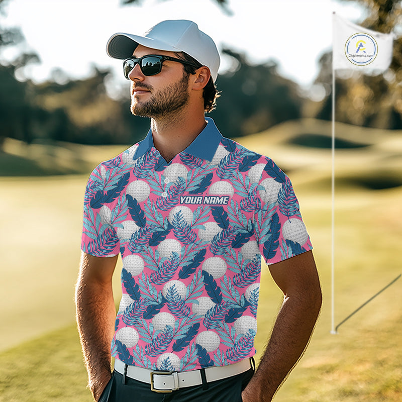 Custom Pink Blue Tropical Golf Ball Pattern Mens Polo Golf Shirts, Golf Gifts For Team NBT965