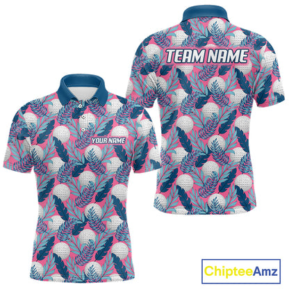 Custom Pink Blue Tropical Golf Ball Pattern Mens Polo Golf Shirts, Golf Gifts For Team NBT965