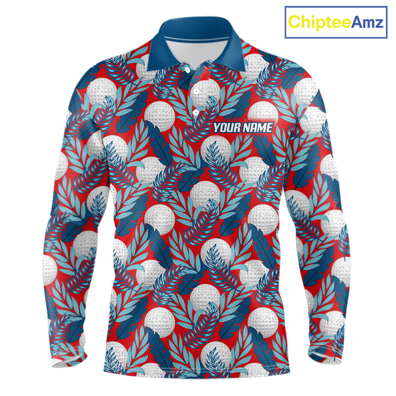 Custom Red Blue Tropical Golf Ball Pattern Mens Polo Golf Shirts, Golf Gifts For Team NBT966