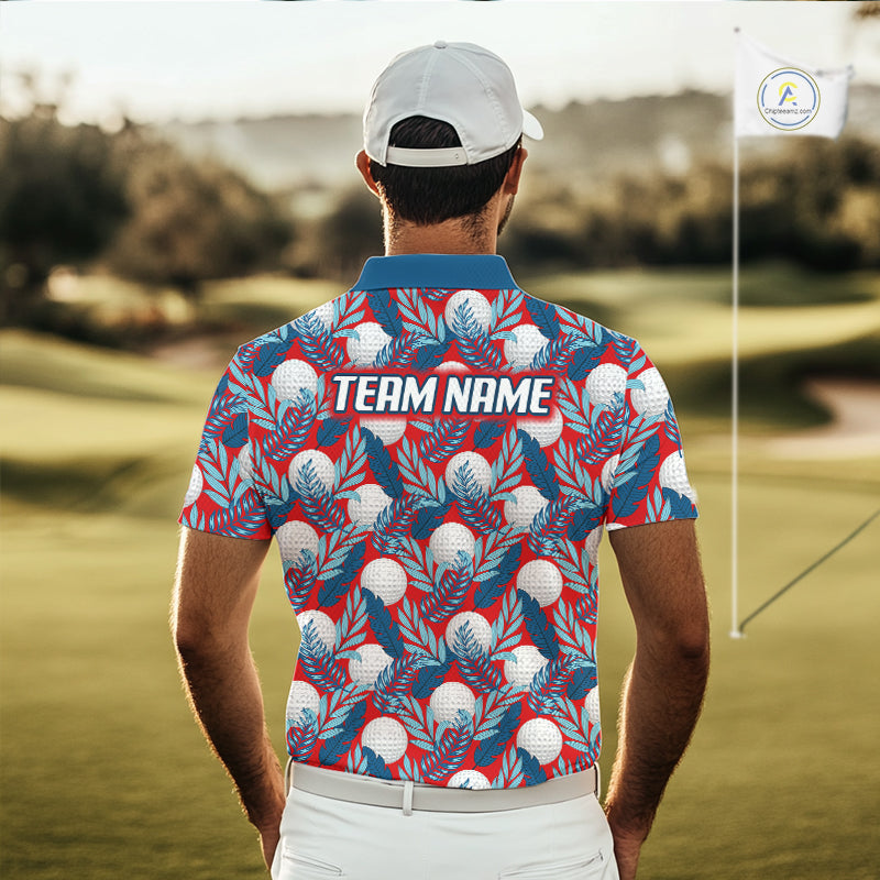 Custom Red Blue Tropical Golf Ball Pattern Mens Polo Golf Shirts, Golf Gifts For Team NBT966