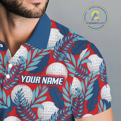 Custom Red Blue Tropical Golf Ball Pattern Mens Polo Golf Shirts, Golf Gifts For Team NBT966