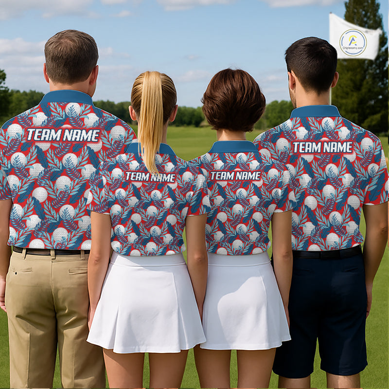 Custom Red Blue Tropical Golf Ball Pattern Mens Polo Golf Shirts, Golf Gifts For Team NBT966