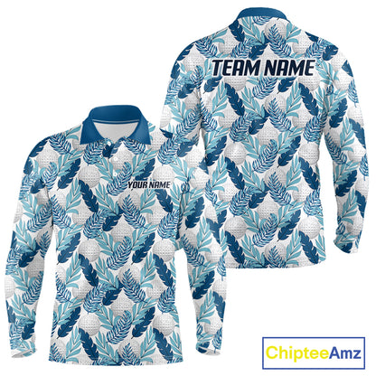 Custom White Blue Tropical Golf Ball Pattern Mens Polo Golf Shirts, Golf Gifts For Team NBT967