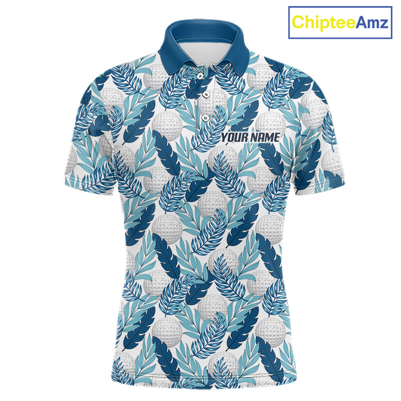 Custom White Blue Tropical Golf Ball Pattern Mens Polo Golf Shirts, Golf Gifts For Team NBT967