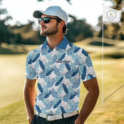 Custom White Blue Tropical Golf Ball Pattern Mens Polo Golf Shirts, Golf Gifts For Team NBT967