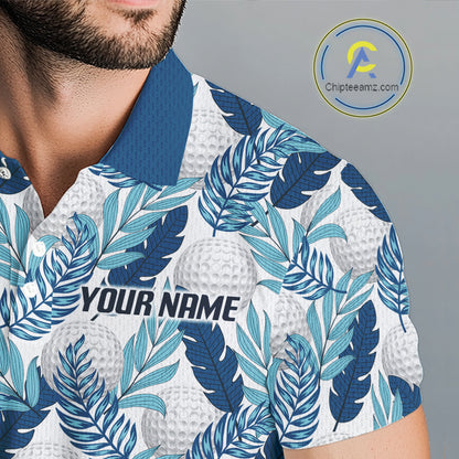 Custom White Blue Tropical Golf Ball Pattern Mens Polo Golf Shirts, Golf Gifts For Team NBT967