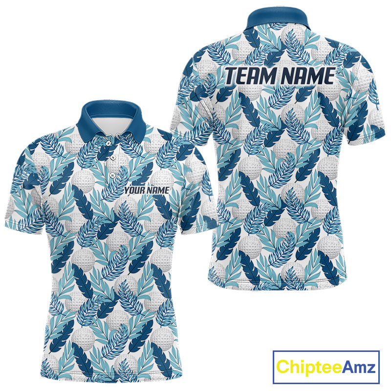Custom White Blue Tropical Golf Ball Pattern Mens Polo Golf Shirts, Golf Gifts For Team NBT967