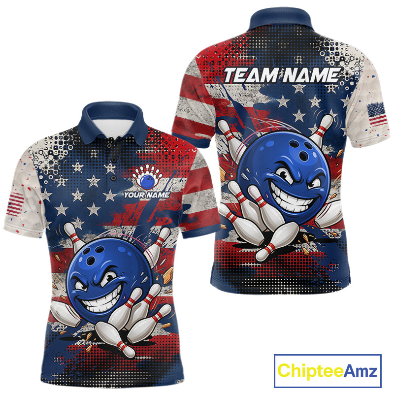 Funny American Flag Bowling Jersey For Men Custom Polo Bowling Shirt Patriotic Bowling Shirt For Team NBT968