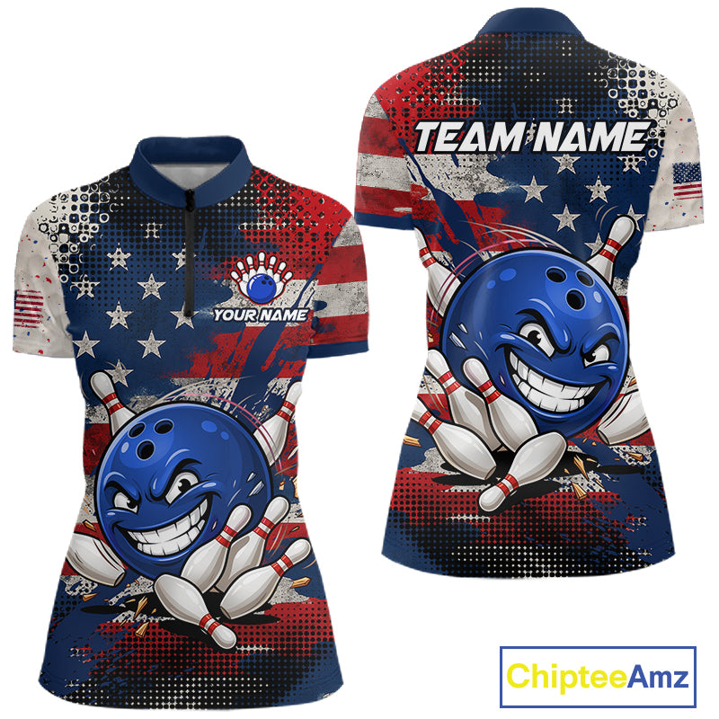 Funny American Flag Bowling Jersey For Women Custom Polo Bowling Shirt Patriotic Bowling Shirt For Team NBT968