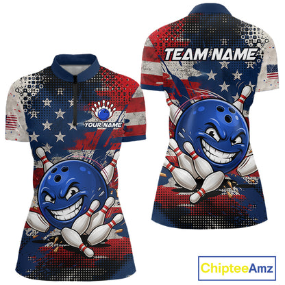 Funny American Flag Bowling Jersey For Women Custom Polo Bowling Shirt Patriotic Bowling Shirt For Team NBT968