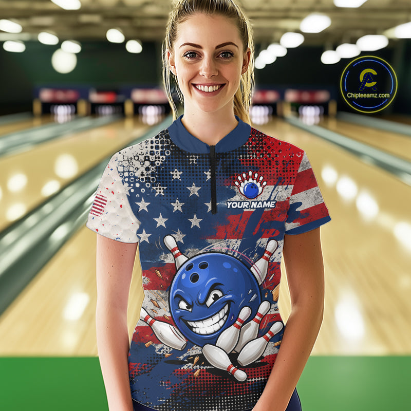 Funny American Flag Bowling Jersey For Women Custom Polo Bowling Shirt Patriotic Bowling Shirt For Team NBT968