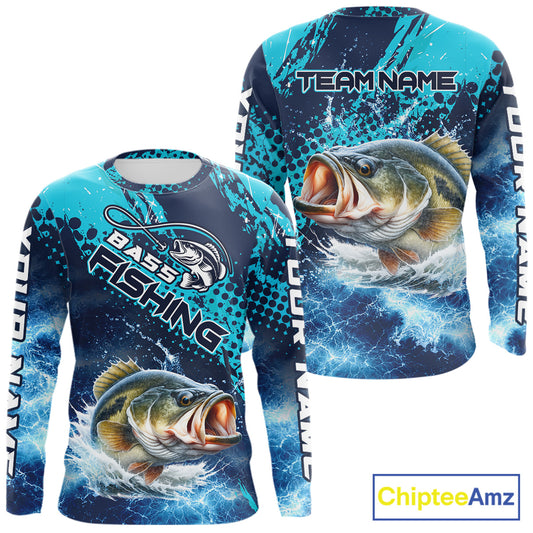 Thunder Lightning Bass Fishing Tournament Shirts Blue Camo, Custom Bass Fishing Shirts For Men NBT448