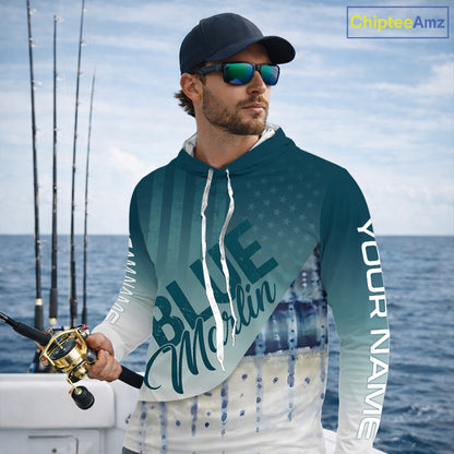 Angler wearing patriotic American Flag Marlin long sleeve hooded fishing shirt on boat
