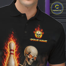 Load image into Gallery viewer, Black &amp; Orange Fire Flame Beer Skull Bowling Shirts For Men Custom Skull Team Bowling Jerseys NBT885