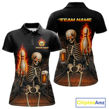 Load image into Gallery viewer, Front and back view of black and orange fire flame beer skull bowling team polo shirt for women