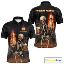 Load image into Gallery viewer, Black &amp; Orange Fire Flame Beer Skull Bowling Shirts For Men Custom Skull Team Bowling Jerseys NBT885