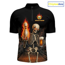 Load image into Gallery viewer, Black &amp; Orange Fire Flame Beer Skull Bowling Shirts For Men Custom Skull Team Bowling Jerseys NBT885