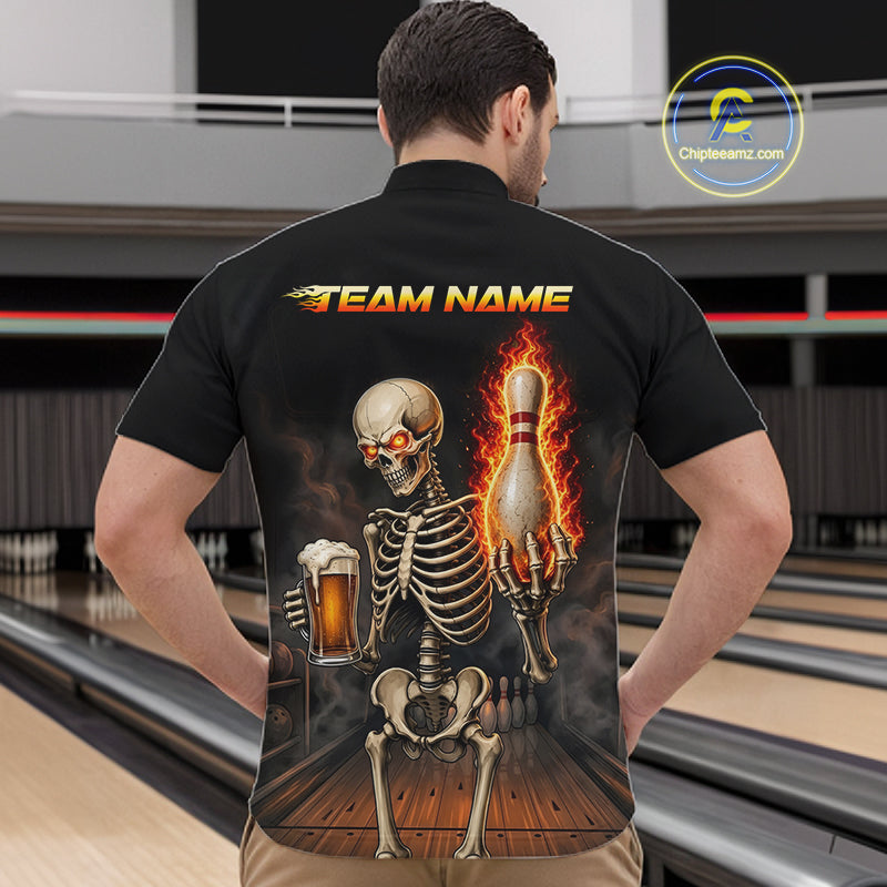 Front and back view of black and orange fire flame beer skull bowling quarter zip jersey for men