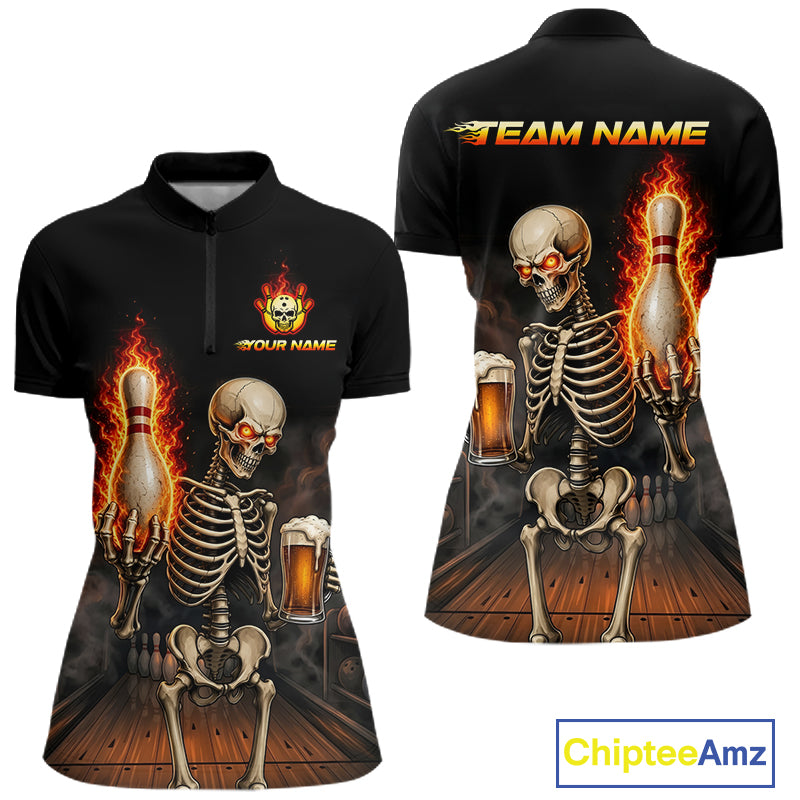 Front and back view of black and orange fire flame beer skull bowling quarter zip jersey for women