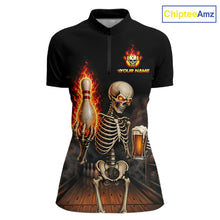 Load image into Gallery viewer, Front view of black and orange fire flame beer skull bowling quarter zip jersey for women