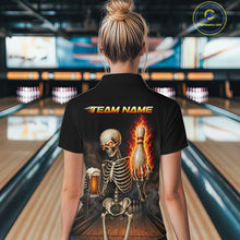 Load image into Gallery viewer, Bowler wearing black and orange fire flame beer skull 1/4 quarter zip bowling shirt on the lanes with personalized name on the back 