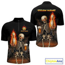 Load image into Gallery viewer, Black &amp; Orange Fire Flame Beer Skull Bowling Shirts For Men Custom Skull Team Bowling Jerseys NBT885