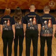 Load image into Gallery viewer, Black &amp; Orange Fire Flame Beer Skull Bowling Shirts For Men Custom Skull Team Bowling Jerseys NBT885
