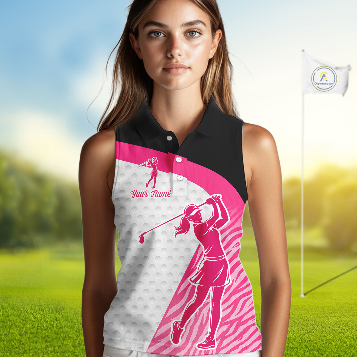 Pink Zebra Pattern Womens Sleeveless Golf Polo Shirts Custom Name Gift For Golf Lovers NBT580