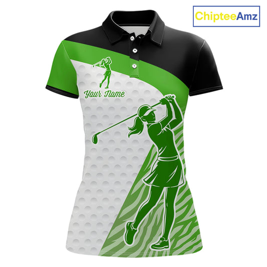 Green Zebra Pattern Womens Golf Polo Shirts Custom Name Gift For Golf Lovers NBT581