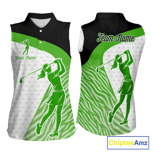 Green Zebra Pattern Womens Sleeveless Golf Polo Shirts Custom Name Gift For Golf Lovers NBT581