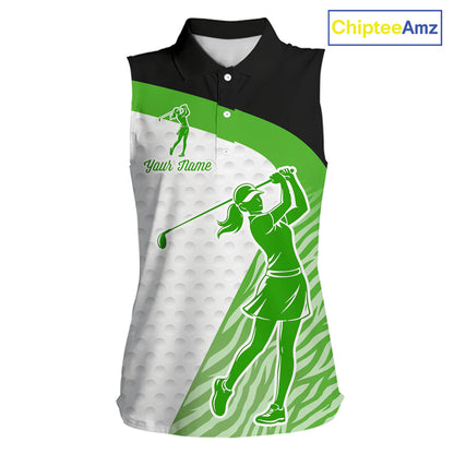 Green Zebra Pattern Womens Sleeveless Golf Polo Shirts Custom Name Gift For Golf Lovers NBT581
