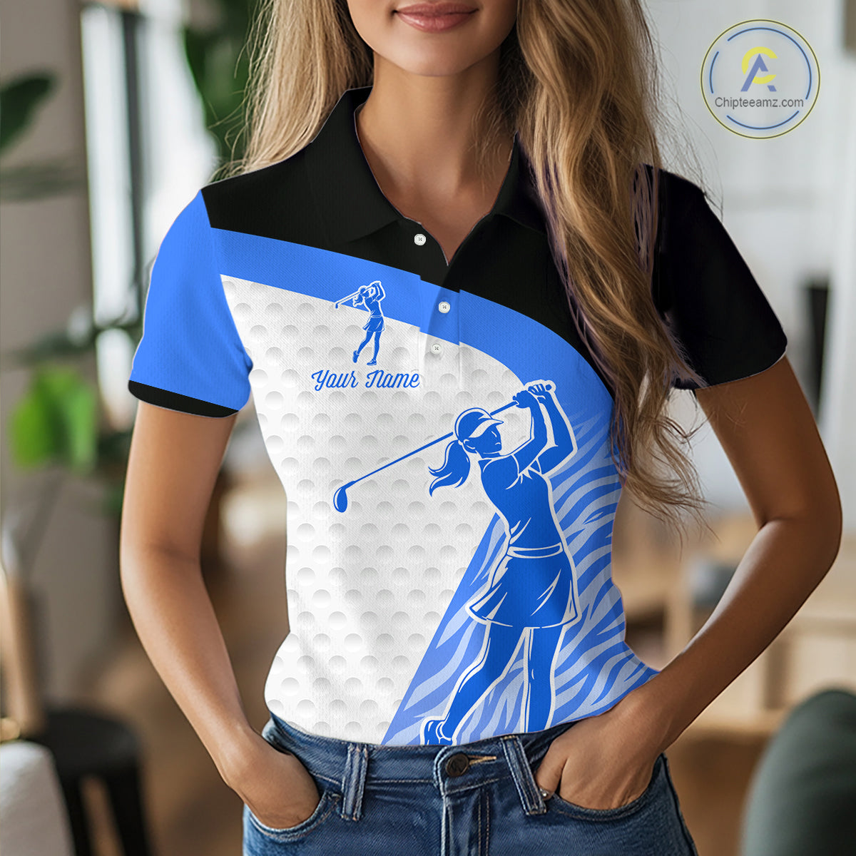Blue Zebra Pattern Womens Golf Polo Shirts Custom Name Gift For Golf Lovers NBT582
