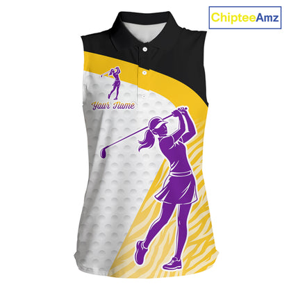 Yellow & Purple  Zebra Pattern Womens Sleeveless Golf Polo Shirts Custom Name Gift For Golf Lovers NBT583