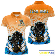 Load image into Gallery viewer, Front and back view of custom orange and blue leopard bowling polo shirt for women