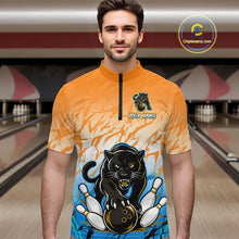Load image into Gallery viewer, Custom Orange And Blue Leopard Bowling Men Polo &amp; 1/4 Quarter Zip Shirt, Bowling League Team Shirt NBT889