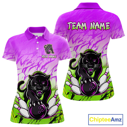 Front and back view of custom purple and green leopard bowling polo shirt for women