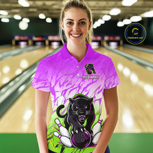 Load image into Gallery viewer, Custom Purple And Green Leopard Bowling Women Polo &amp; 1/4 Quarter Zip Shirt, Bowling League Team Shirt NBT890
