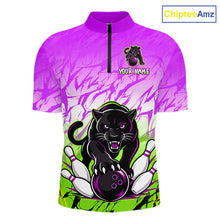 Load image into Gallery viewer, Custom Purple And Green Leopard Bowling Men Polo &amp; 1/4 Quarter Zip Shirt, Bowling League Team Shirt NBT890