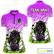 Load image into Gallery viewer, Custom Purple And Green Leopard Bowling Women Polo &amp; 1/4 Quarter Zip Shirt, Bowling League Team Shirt NBT890