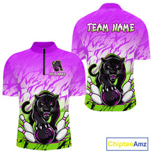 Load image into Gallery viewer, Custom Purple And Green Leopard Bowling Men Polo &amp; 1/4 Quarter Zip Shirt, Bowling League Team Shirt NBT890