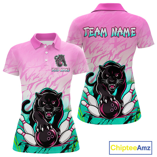 Front and back view of custom pink and turquoise leopard bowling polo shirt for women