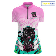 Load image into Gallery viewer, Custom Pink And Turquoise Leopard Bowling Women Polo &amp; 1/4 Quarter Zip Shirt, Bowling League Team Shirt NBT891