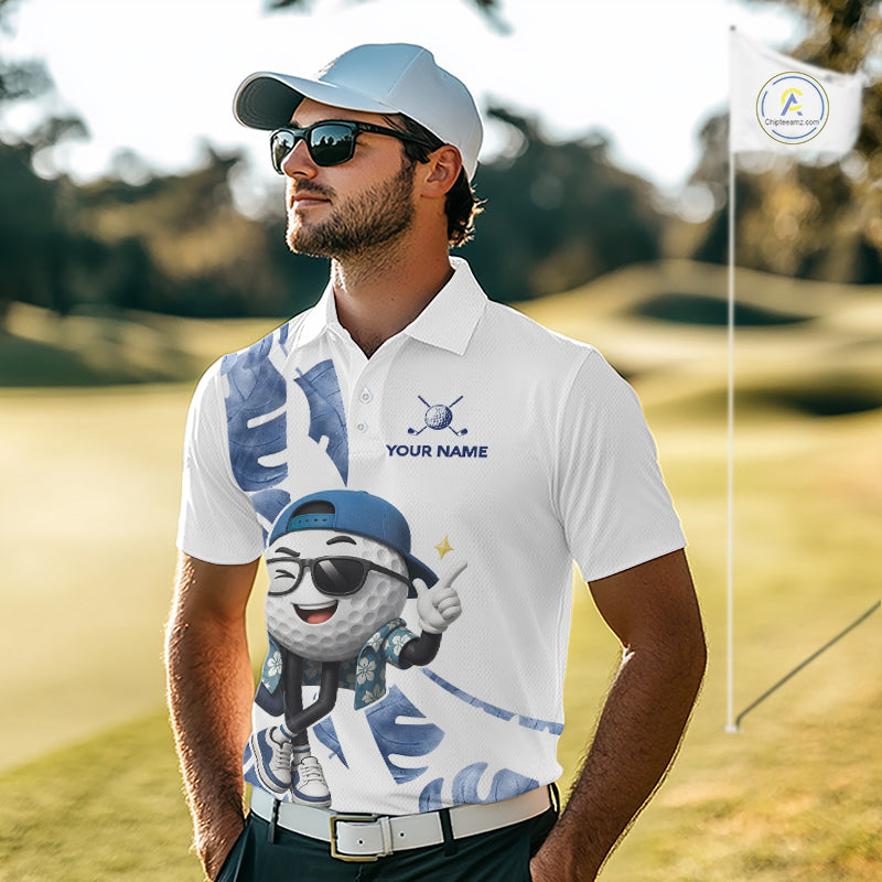 Funny Golf Ball Tropical Pattern Custom Mens Golf Polo Shirts, Golfing Gifts|Blue NBT708